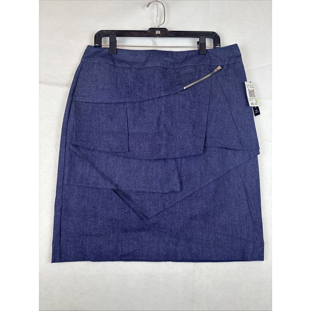 NWT LARRY LEVINE Sz 12 Stretch Navy Skirt Pleated w/zipper Accent 22” Long Retro